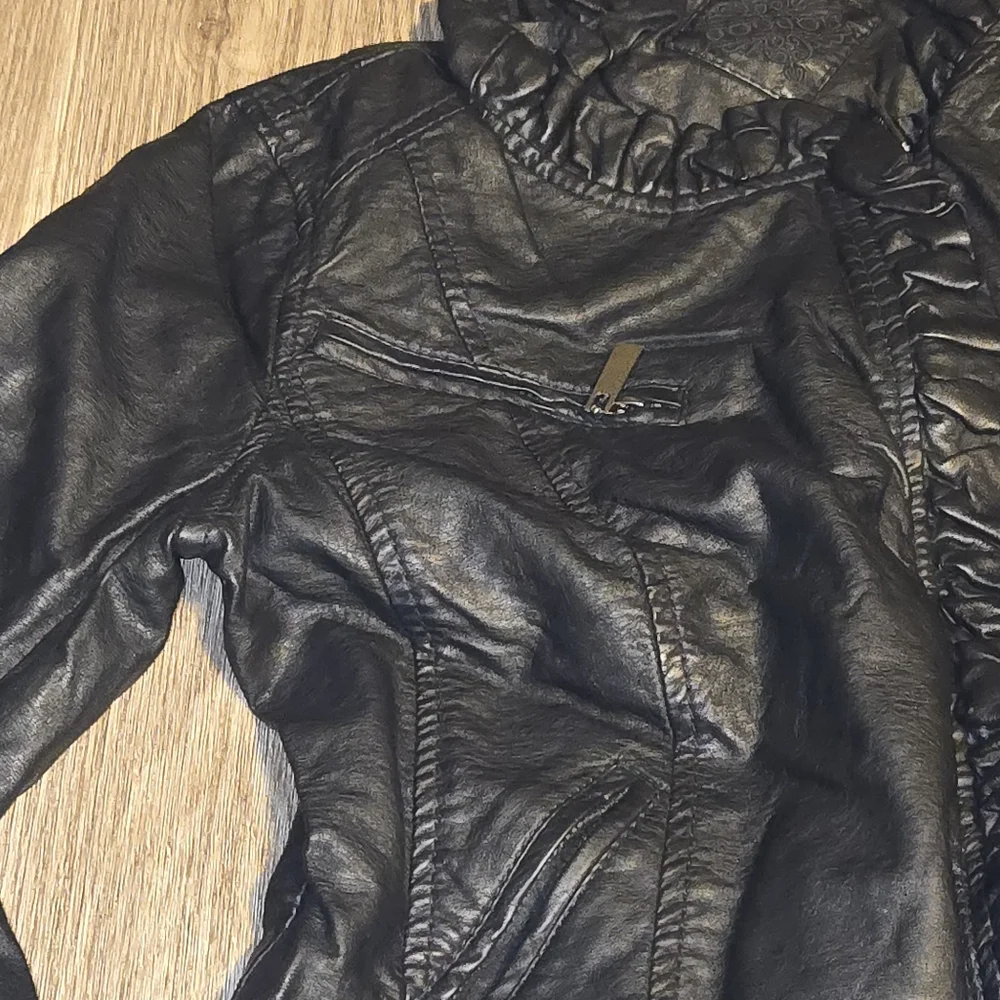 Jou Jou Kids Black Leather Jacket with Ruffle Detail